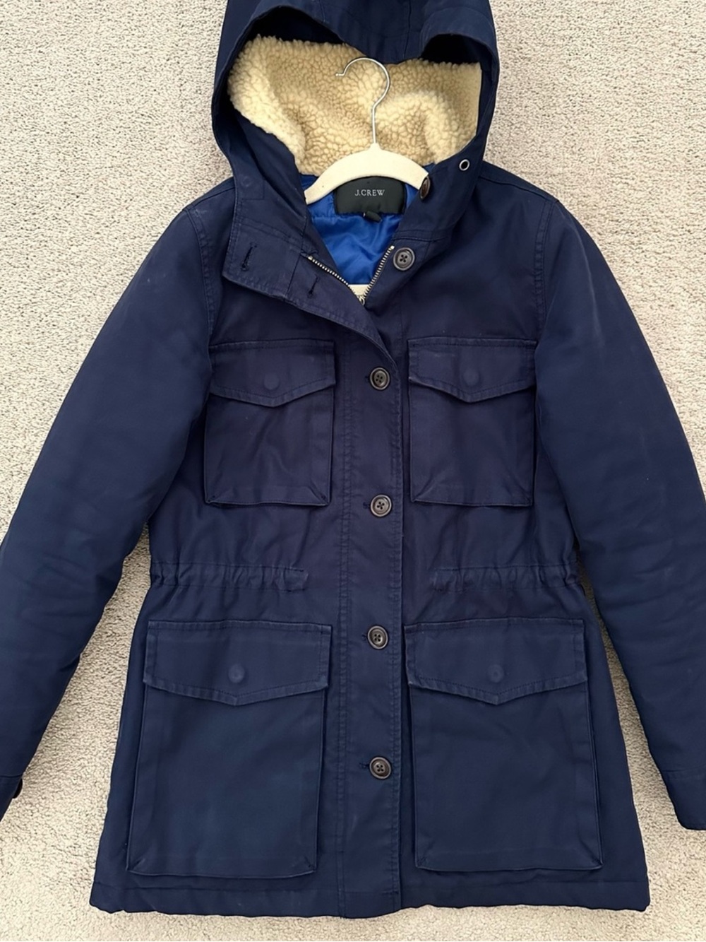 J. Crew Navy Blue Hooded Sherpa Quilted Fall /Winter Parka Coat / Utility Jacket